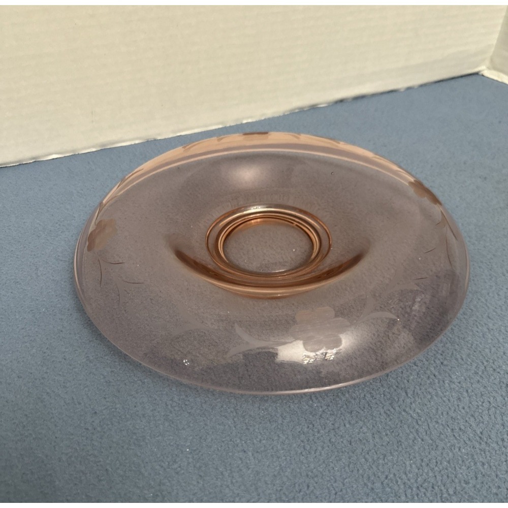 Vintage Pink Depression Glass Console Bowl w/Rolled Edge & Floral Etching